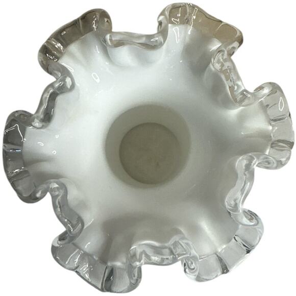 Vntg Fenton Art Milk Glass Spanish Lace Clear Crest Ruffled Rim Vase 7.5" - Picture 2 of 5